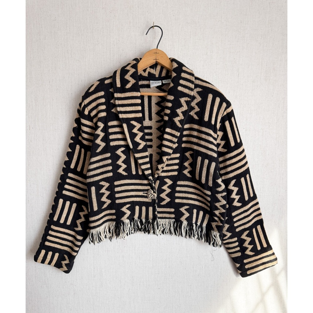 Carolina Colours Vintage‎ 90s Cotton Knit Fringe Tribal Geometric Cardigan M